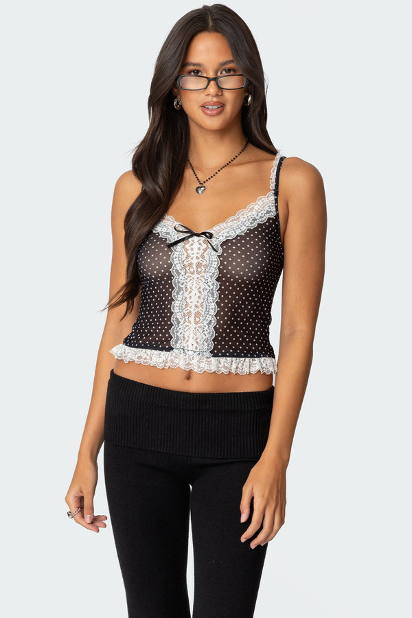 edikted Polka Dot Sheer Mesh Tank Top black and white