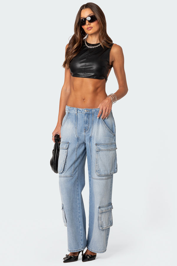 Edikted Porsha Open Back Faux Leather Crop Top Black