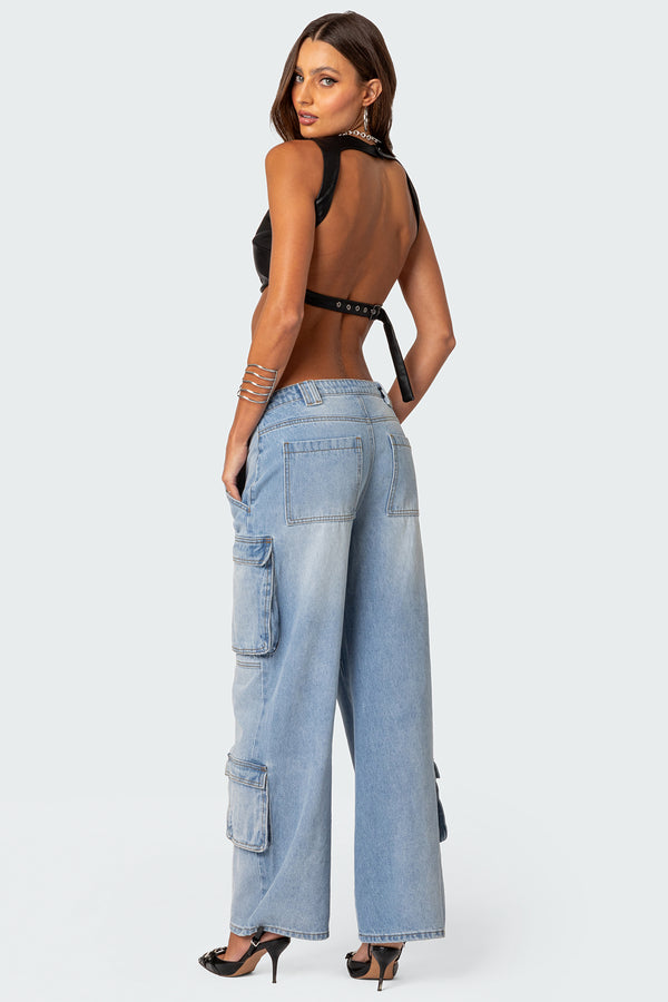 Edikted Porsha Open Back Faux Leather Crop Top Black