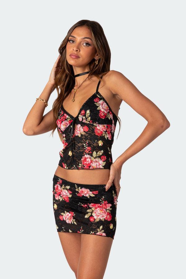 Edikted Portofino Printed Sheer Lace Tank Top Black