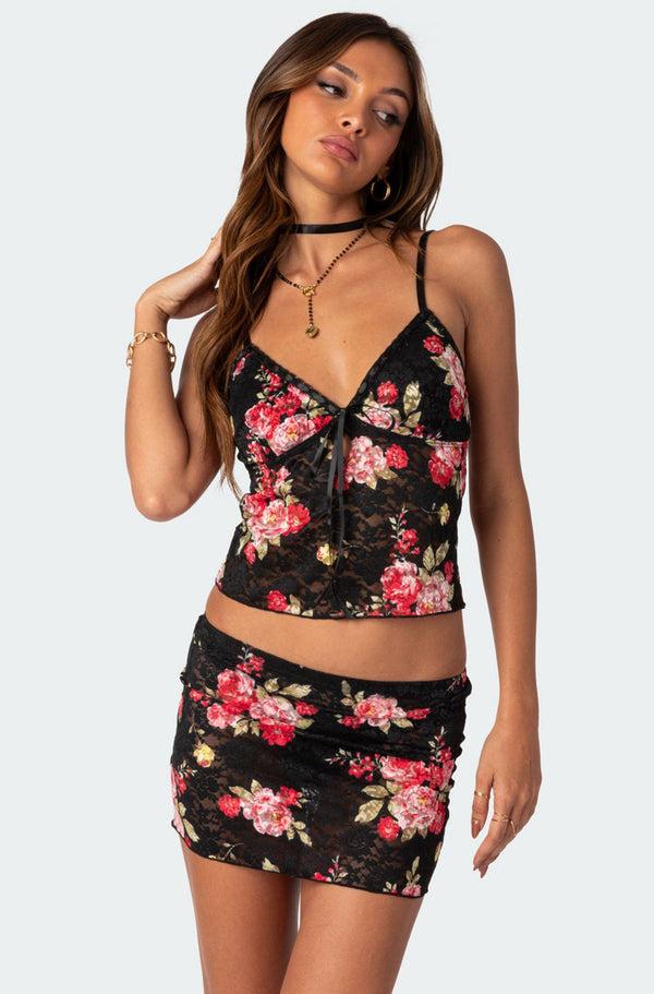 edikted Portofino Printed Sheer Lace Tank Top black