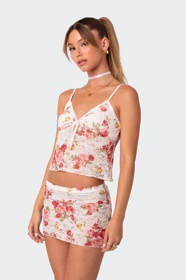 Edikted Portofino Printed Sheer Lace Tank Top White