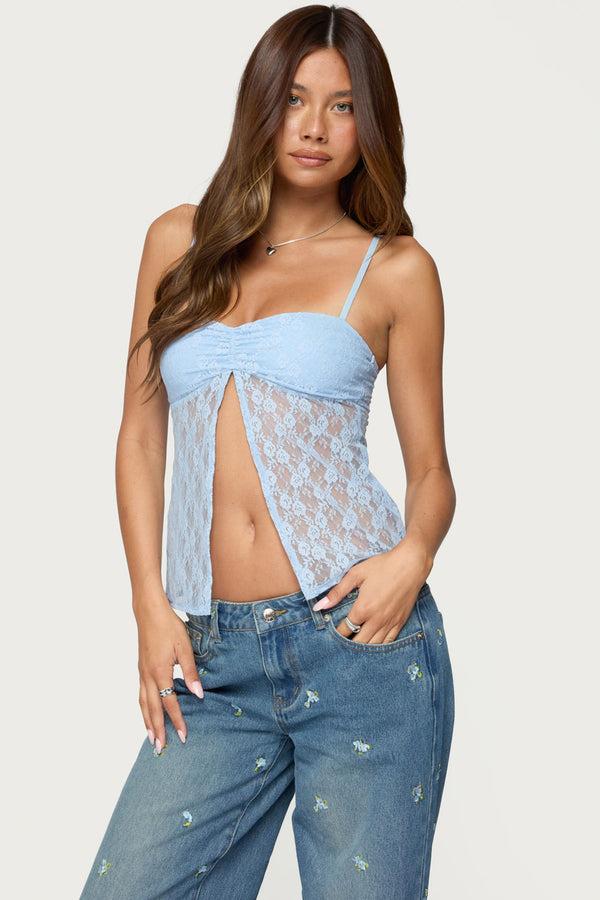 edikted Priya Sheer Lace Split Front Top light blue