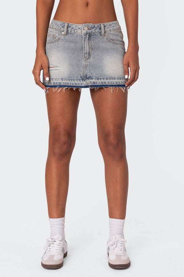 Edikted Priyanka Distressed Denim Mini Skirt Light Blue