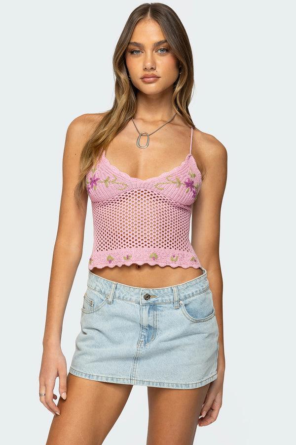 edikted Quince Backless Embroidered Crochet Top pink