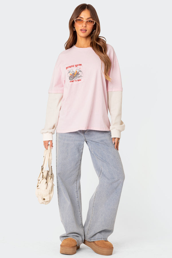 Edikted Racing Oversized Layered T Shirt Light Pink