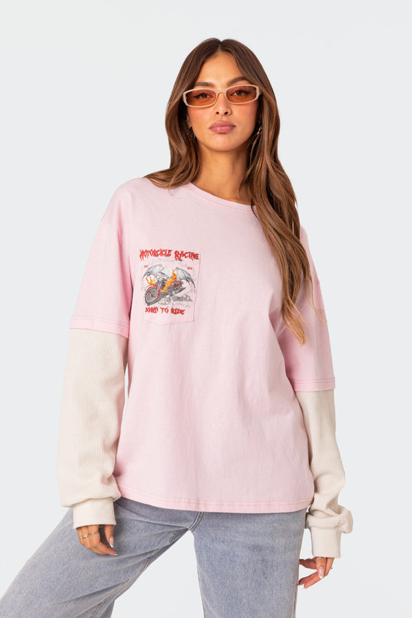 Edikted Racing Oversized Layered T Shirt Light Pink