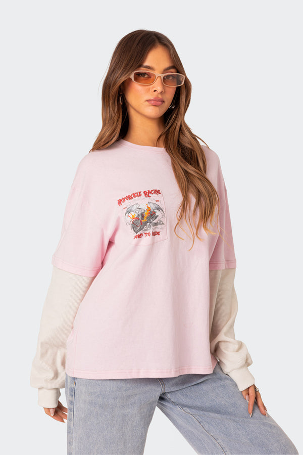 Edikted Racing Oversized Layered T Shirt Light Pink