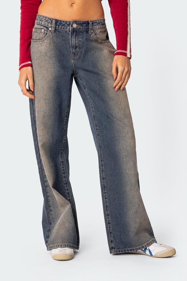 Edikted Raelynn Washed Low Rise Jeans Blue-brown-washed