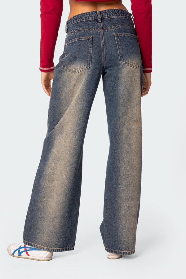 Edikted Raelynn Washed Low Rise Jeans Blue-brown-washed
