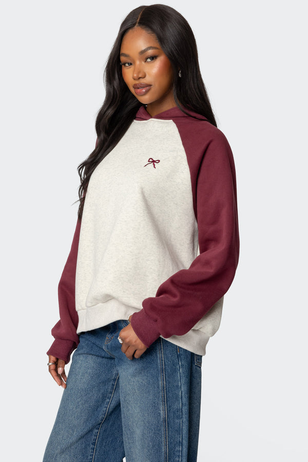 Edikted Raglan Bow Oversized Hoodie Burgundy And Gray Melange