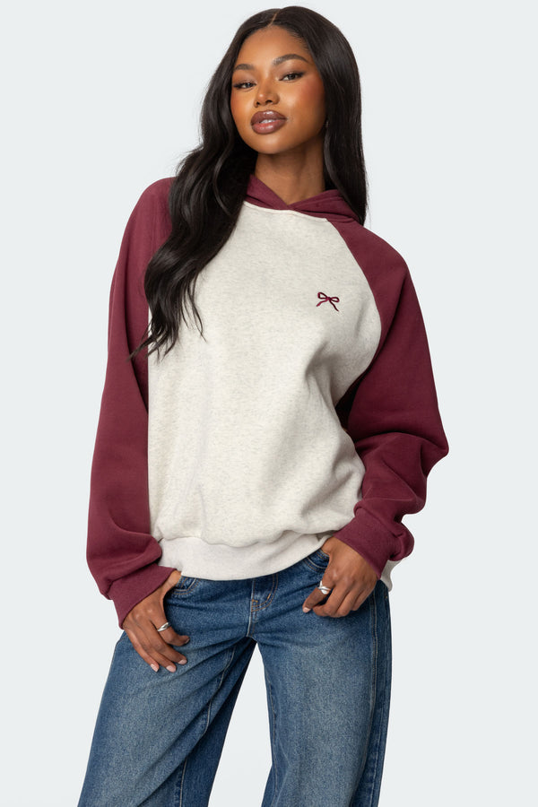 edikted Raglan Bow Oversized Hoodie burgundy and gray melange