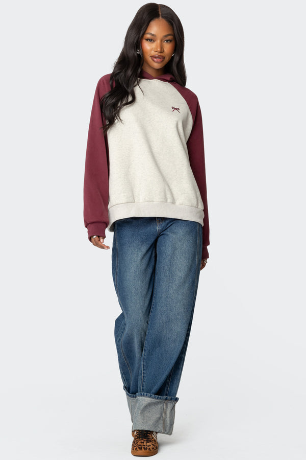 Edikted Raglan Bow Oversized Hoodie Burgundy And Gray Melange