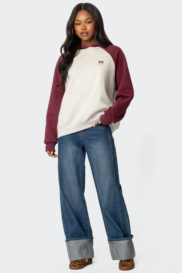 Edikted Raglan Bow Oversized Hoodie Burgundy And Gray Melange