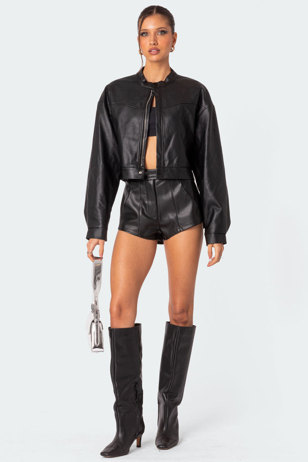 Edikted Ramona High Rise Faux Leather Micro Shorts Black