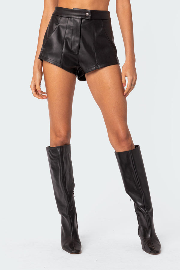 Edikted Ramona High Rise Faux Leather Micro Shorts Black