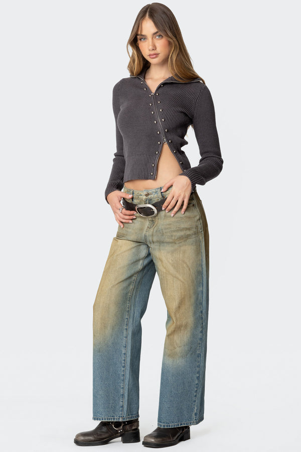 Edikted Ribbed Asymmetric Zip Up Cardigan Dark Gray