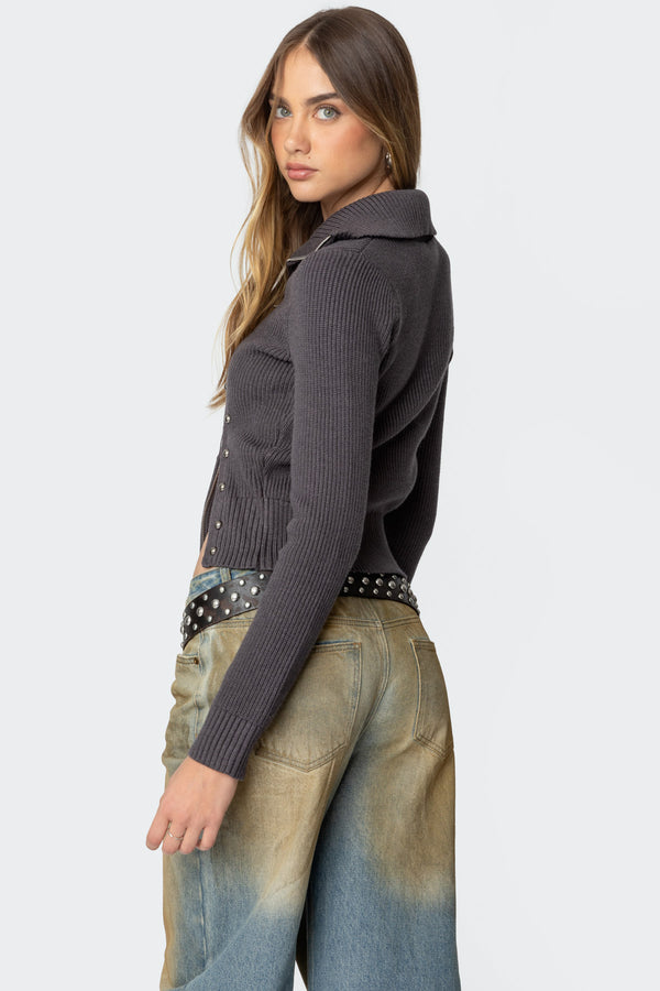 Edikted Ribbed Asymmetric Zip Up Cardigan Dark Gray