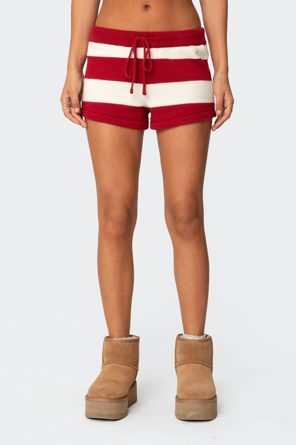 Edikted Riley Striped Knit Shorts Burgundy And Cream