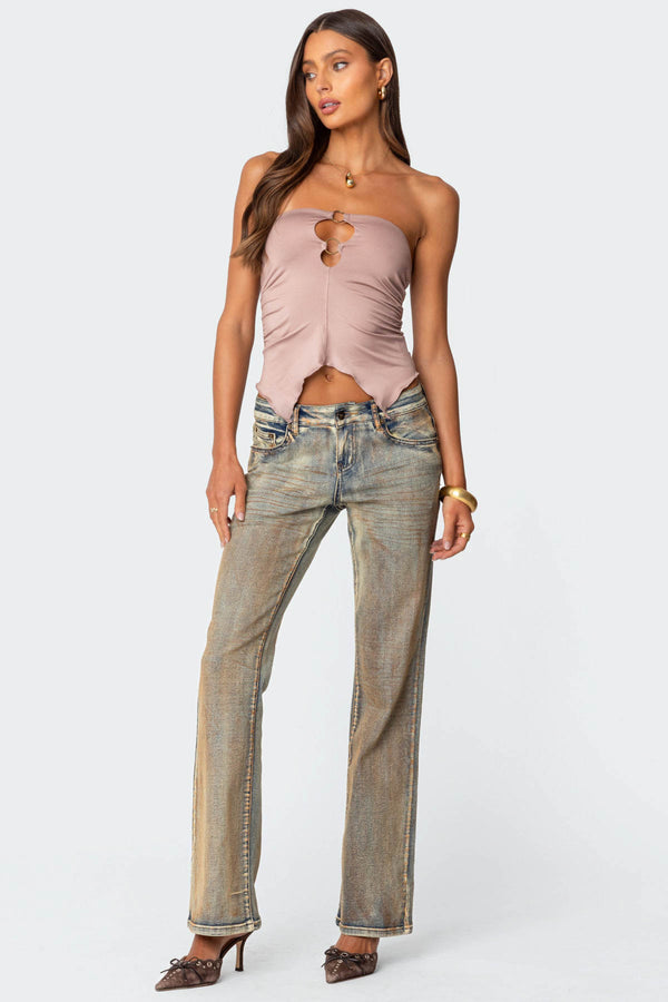 Edikted Ring Cut Out Asymmetric Strapless Top Mocha