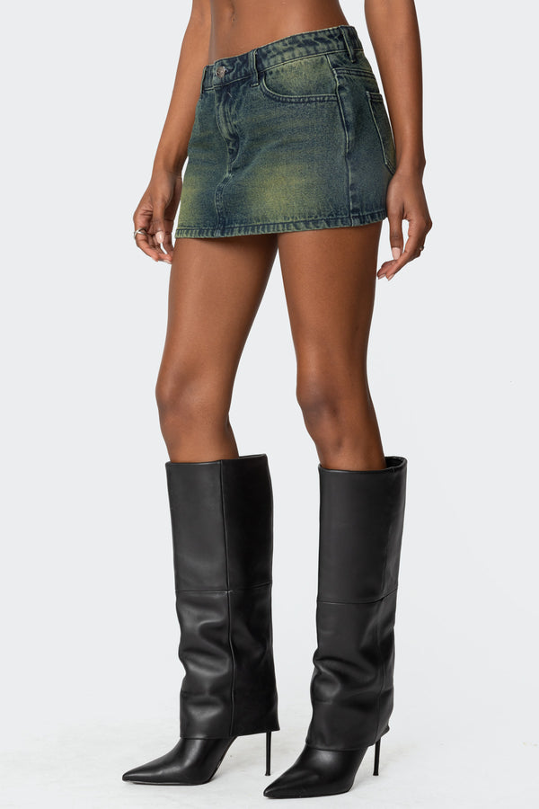 Edikted Riviere Washed Denim Mini Skirt Green Washed