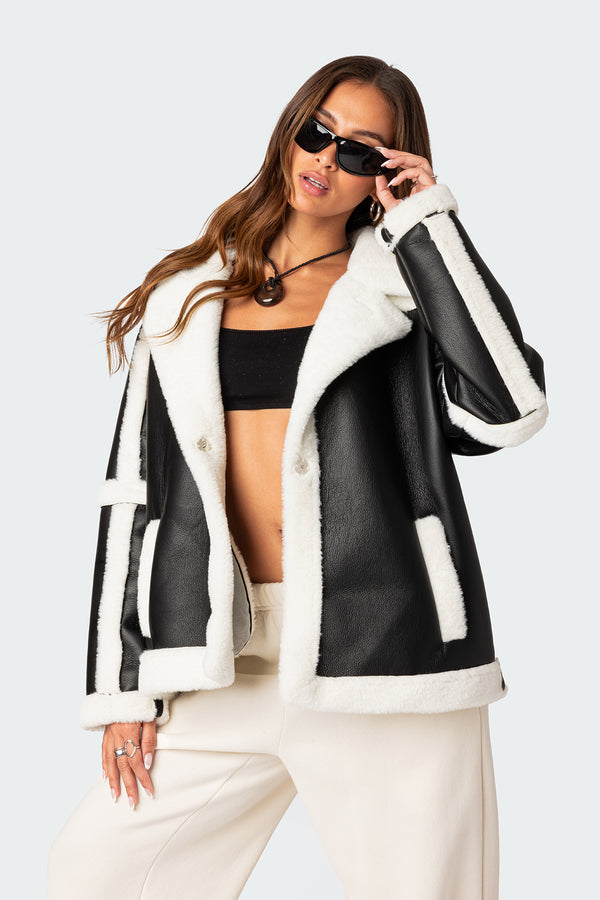 Edikted Rocki Oversized Faux Leather Shearling Jacket Black