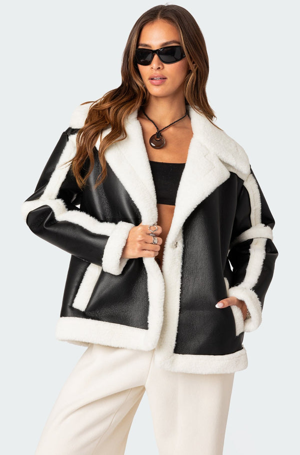 edikted Rocki Oversized Faux Leather Shearling Jacket black
