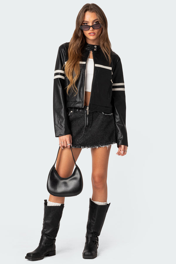 Edikted Rockstar Oversized Faux Leather Jacket Black And White
