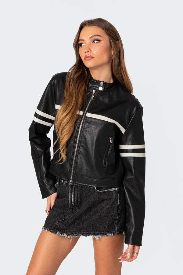 Edikted Rockstar Oversized Faux Leather Jacket Black And White