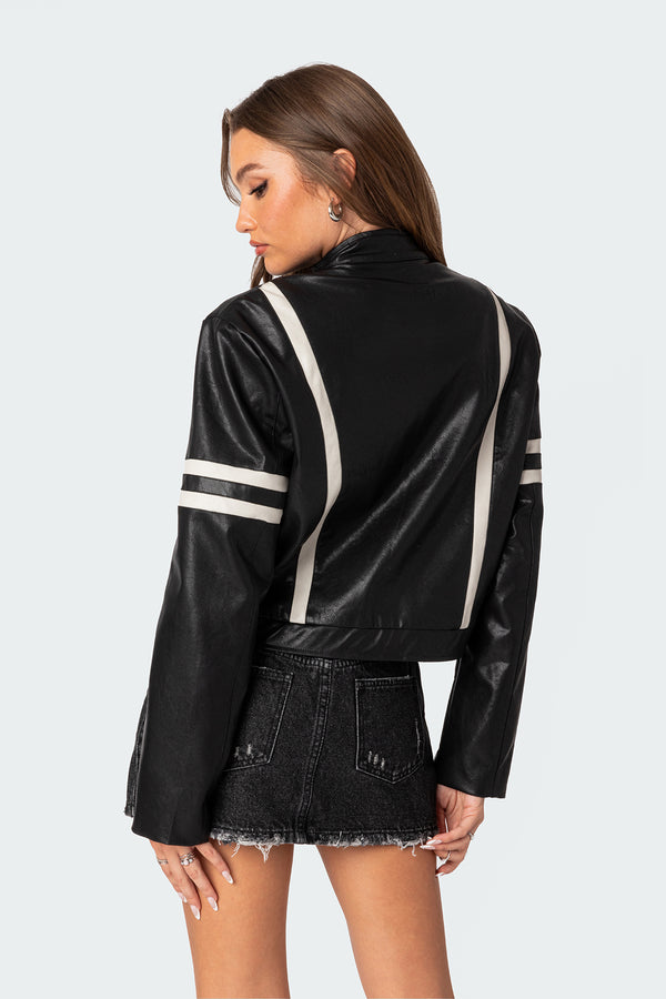 Edikted Rockstar Oversized Faux Leather Jacket Black And White