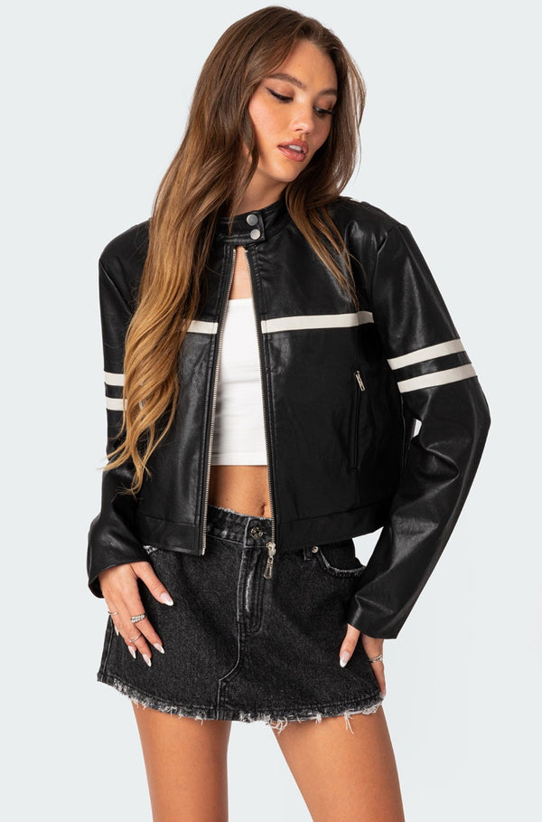 edikted Rockstar Oversized Faux Leather Jacket black and white