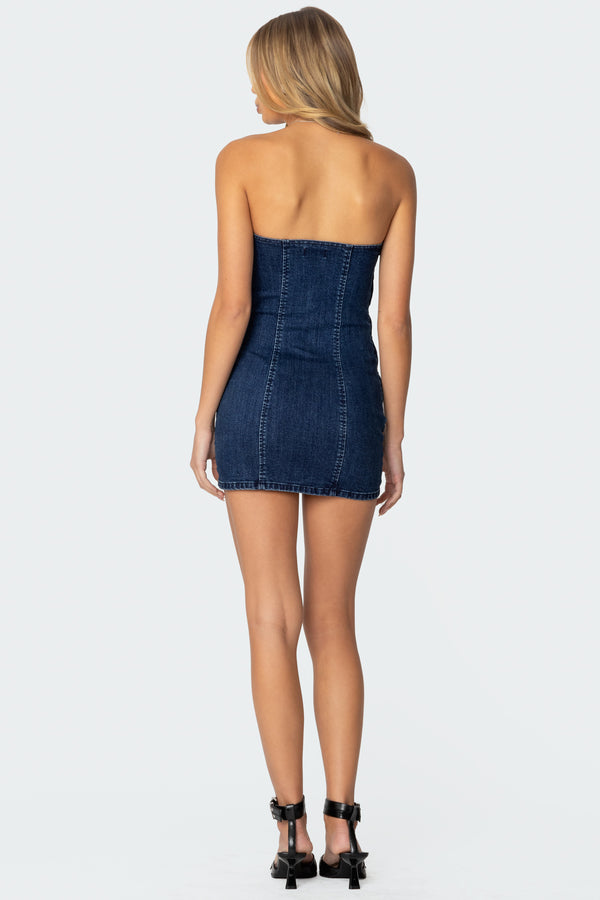 Edikted Ruched Strapless Denim Mini Dress Dark Blue