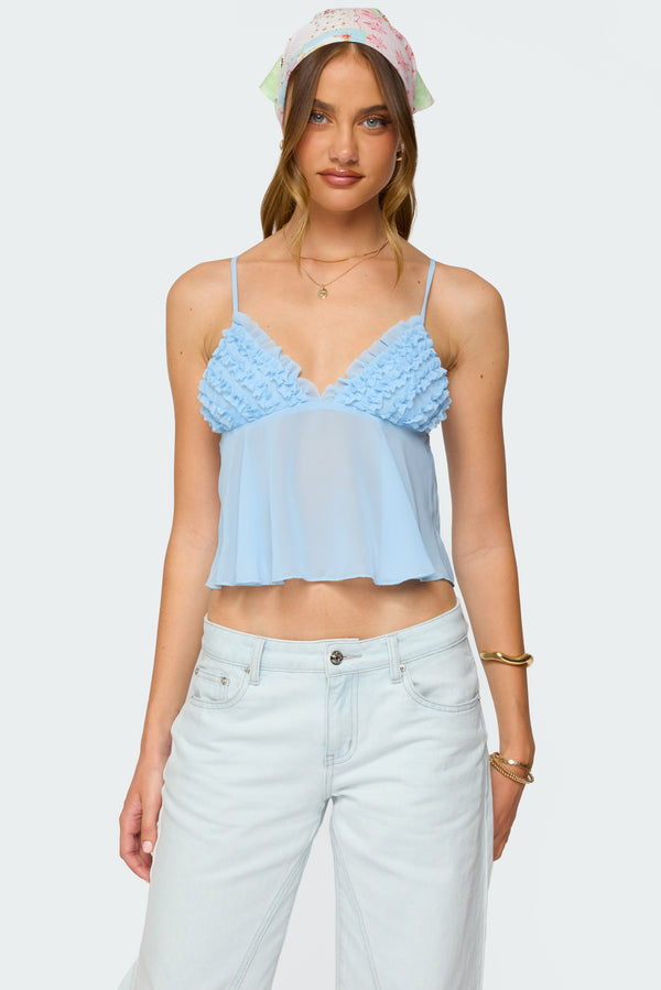 edikted Ruffle Sheer Chiffon Babydoll Tank Top light blue