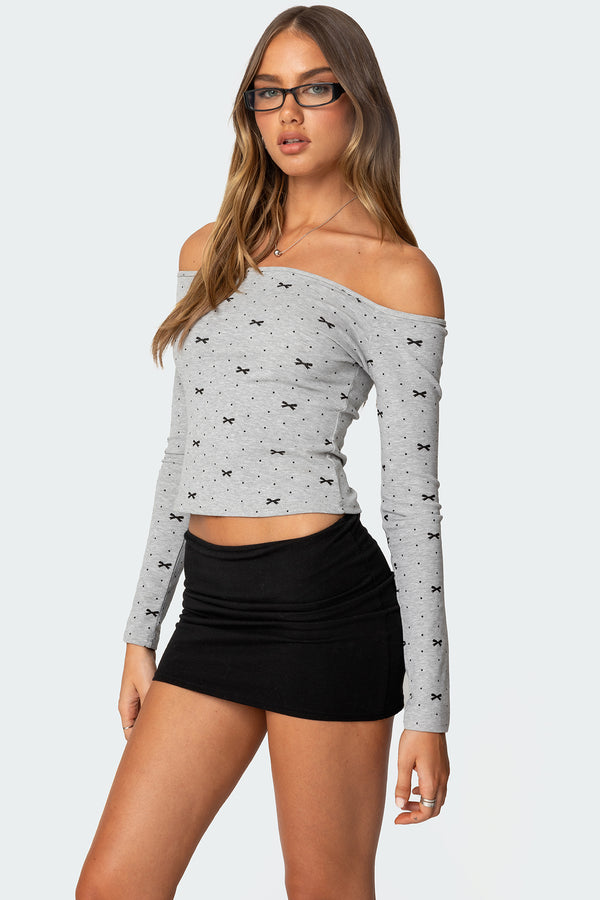 Edikted Ryna Bows & Dots Off Shoulder Top Gray Melange