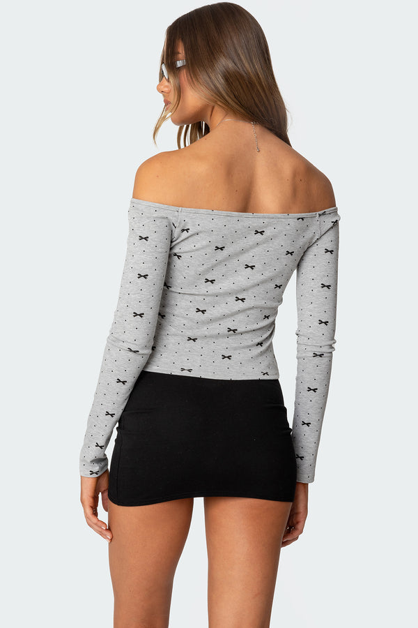 Edikted Ryna Bows & Dots Off Shoulder Top Gray Melange