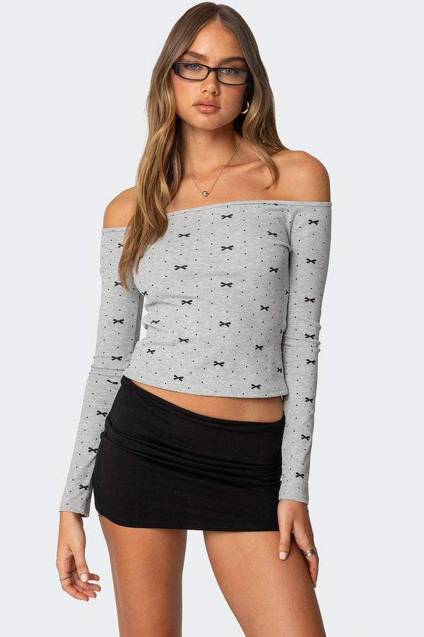 edikted Ryna Bows & Dots Off Shoulder Top gray melange
