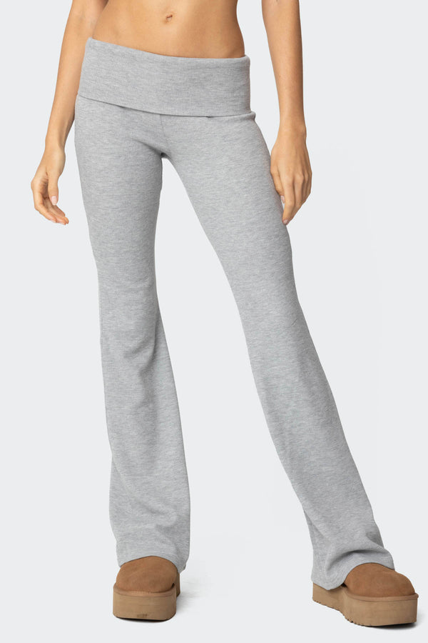 Edikted Sab Fold Over Waffle Knit Pants Gray Melange