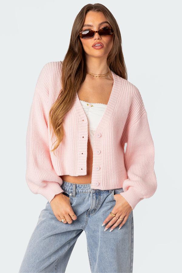 edikted Sabrina Chunky Knit Cropped Cardigan light pink