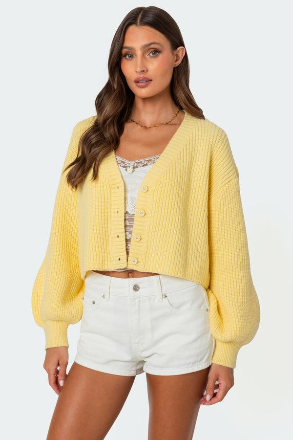 Edikted Sabrina Chunky Knit Cropped Cardigan Yellow