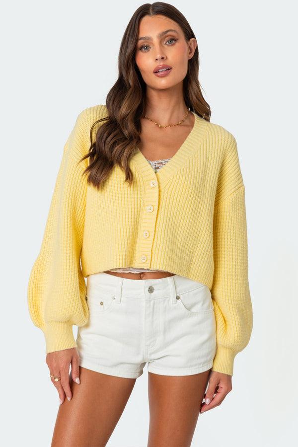 edikted Sabrina Chunky Knit Cropped Cardigan yellow
