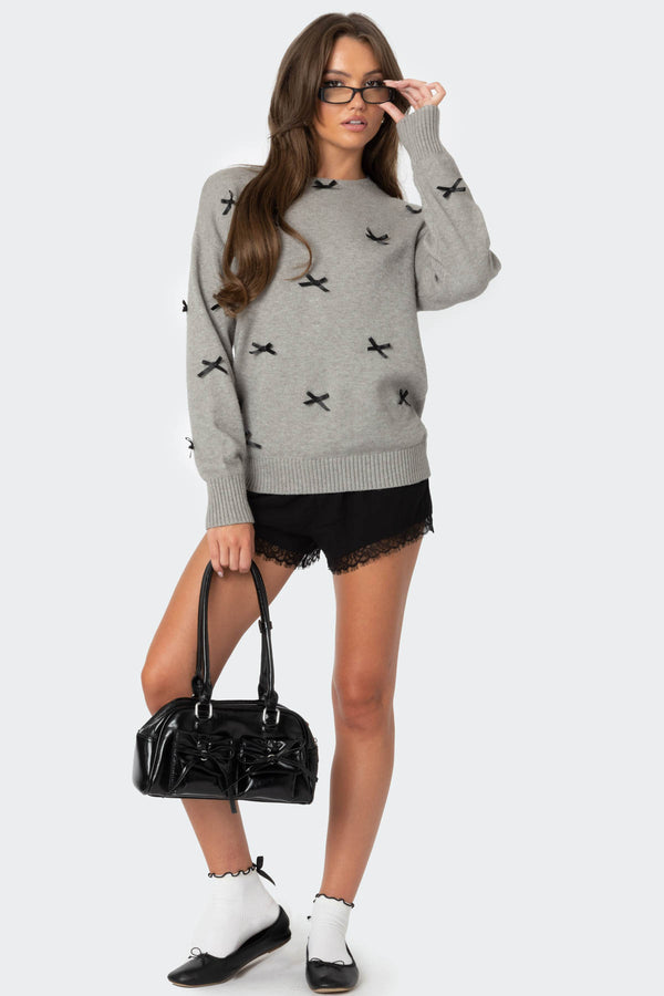 Edikted Satin Effect Bow Oversized Sweater Gray Melange