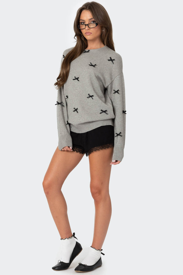 Edikted Satin Effect Bow Oversized Sweater Gray Melange