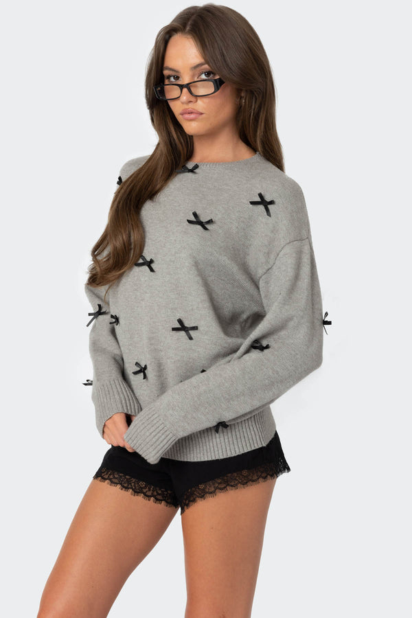 Edikted Satin Effect Bow Oversized Sweater Gray Melange