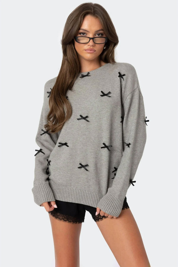 edikted Satin Effect Bow Oversized Sweater gray melange