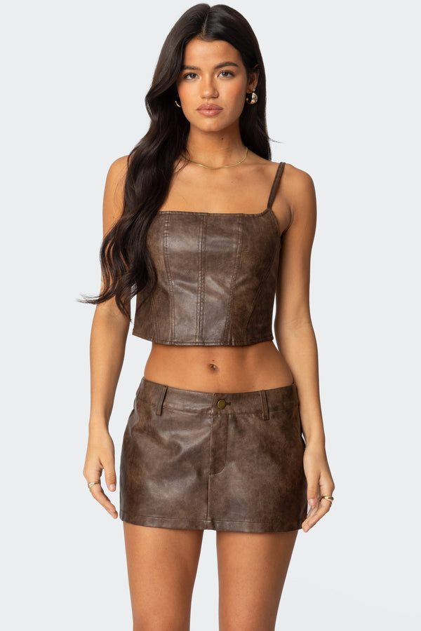 edikted Scout Zip Up Faux Leather Corset brown washed
