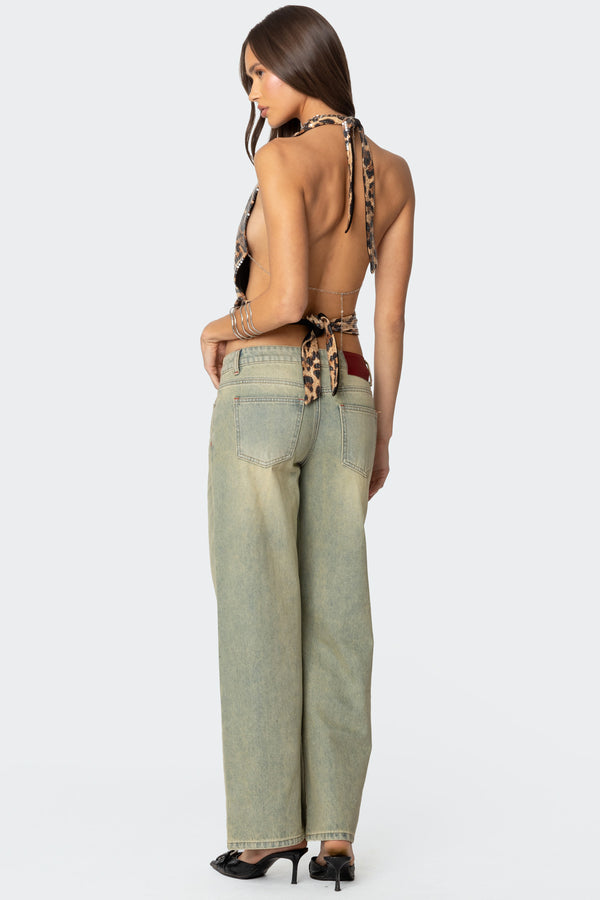 Edikted Sequin Leopard Printed Cowl Neck Top Leopard