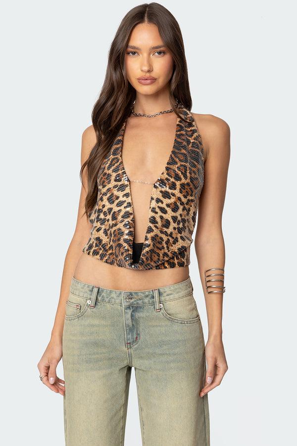 edikted Sequin Leopard Printed Cowl Neck Top leopard