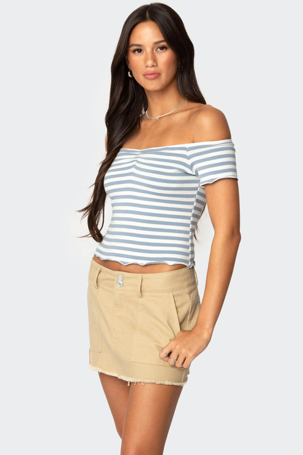 Edikted Shara Striped Off Shoulder Top Blue And White