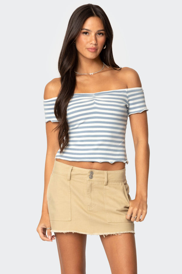 edikted Shara Striped Off Shoulder Top blue and white