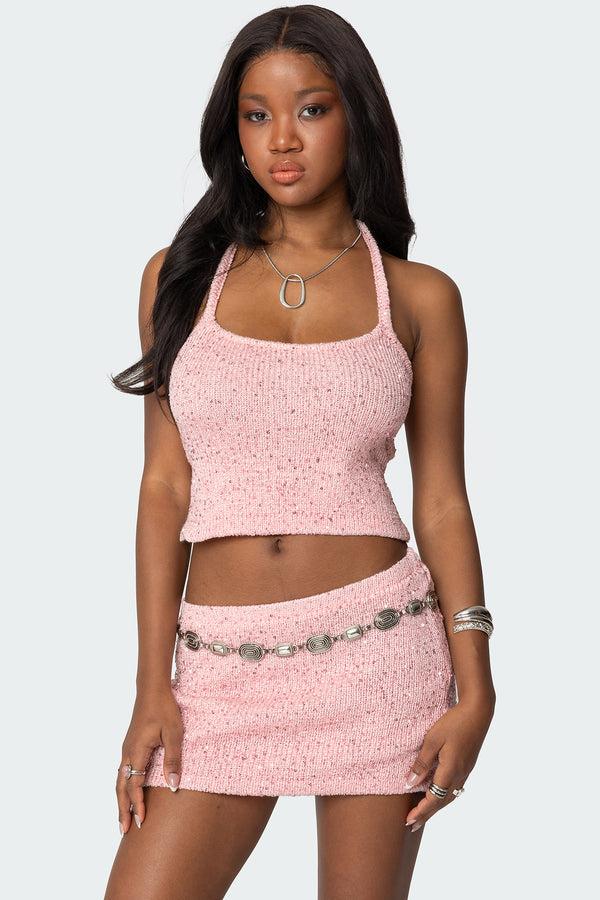 edikted Shaylee Sequin Knit Backless Top light pink